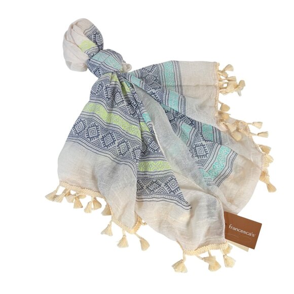 Francescas Lightweight Boho Tassel Scarf Geometric Print Cream Pastel Summer - Picture 4 of 15